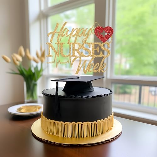 Happy Nurses Week Cake Topper - Gold & Red Glitter Decoration
