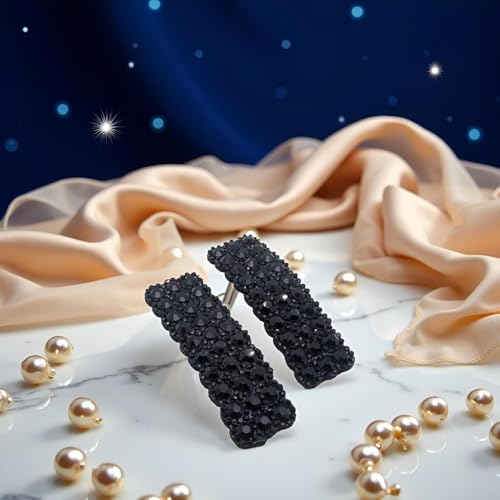 Black Rhinestone Snap Hair Clips Rectangular Korean Barrette Set of 2