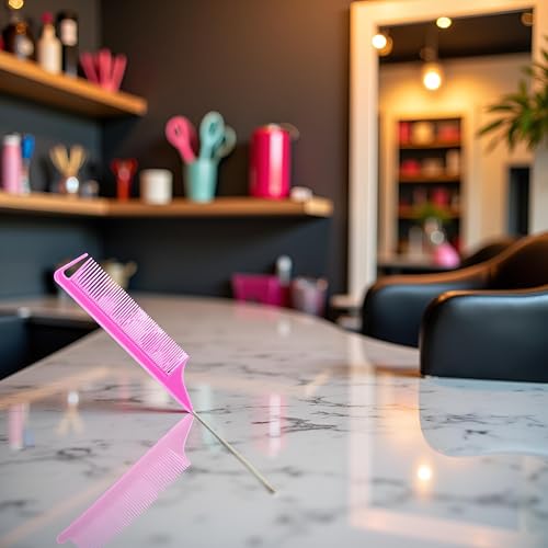 Pink Carbon Fiber Metal-Pin Rat Tail Comb for Hair Styling and Parting