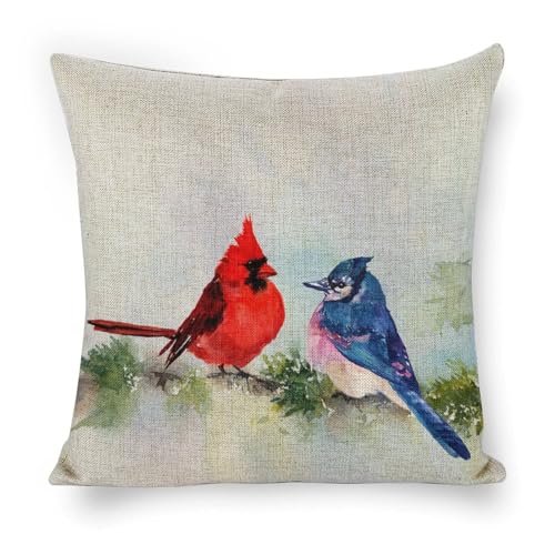 Linen Cardinal & Blue Jay 18x18 Pillow Covers - Farmhouse Decor