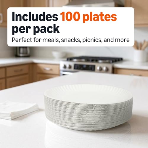 Amazon Basics 9" Uncoated White Paper Plates - Compostable, Microwave Safe, 1200 Count