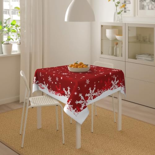 Christmas Tablecloth Square 54x54 Inch Red Snowflake Water-Resistant Fabric Holiday Decor Variation of White Red Snowflake