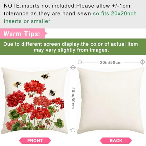 RABUSOFA Waterproof Outdoor Pillow Cover 20x20 Red Geranium & Bees Spring Summer Decor