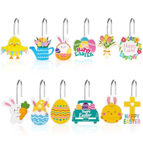 12Pcs Cartoon Shower Curtain Hooks Set - Stainless Steel Bathroom Hangers with 12 Unique Shapes