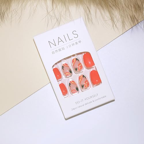 Short Squoval Press On Nails with Orange Pomelo Design 24Pcs