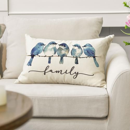 Bluebird Family Watercolor Throw Pillow Cover - 12x20 Inch