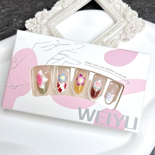 3D Flower Press On Nails Medium Almond French Tip False Nails Set