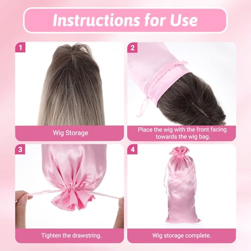 Alrhso 4 Pcs Pink Satin Wig Bags with Drawstring for Storage
