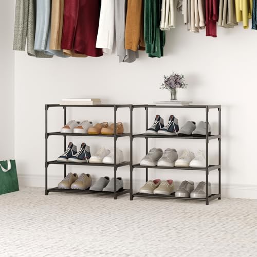 4-Tier Black Small Metal Shoe Rack - Stackable Organizer for Entryway