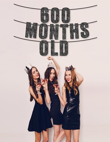50th Birthday Party Black Glitter Banner - 600 Months Old