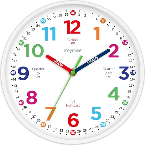 Roymnie 8-Inch Kids Learning Wall Clock - Silent Non-Ticking White Grain