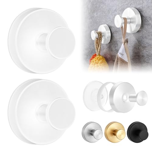 Gestarich 2 Pack White Suction Cup Hooks - No Drill Stainless Steel Towel Hooks