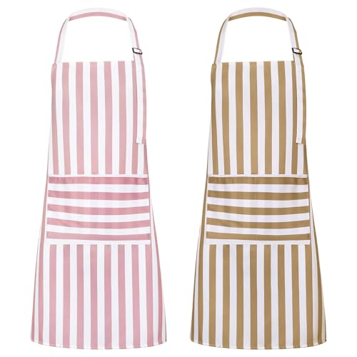 Striped Kitchen Aprons 2 Pack with Pockets Waterproof Adjustable