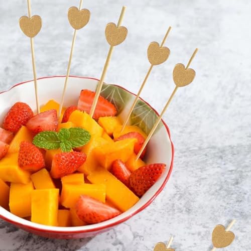 120-Pack Golden Heart Bamboo Cocktail Picks, 5.9-inch Decorative Skewers