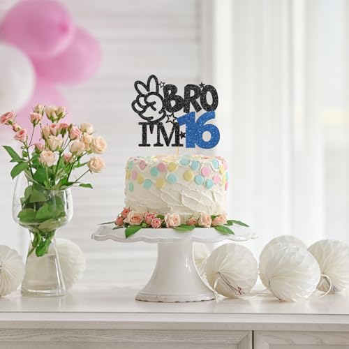 Bro I'm 16 Cake Topper - Black Glitter 16th Birthday Party Supplies