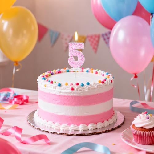 Pink Number 5 Birthday Candle Shimmering Cake Topper Decoration