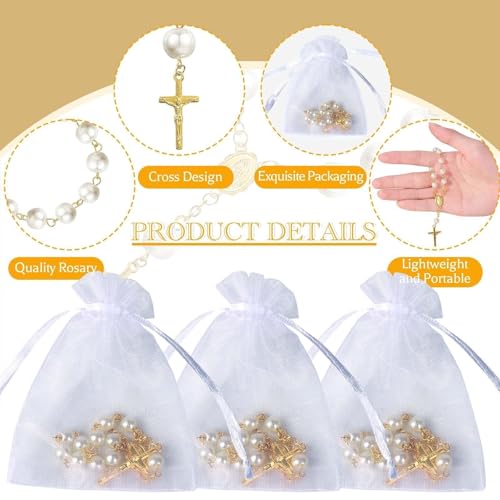 10-Set Gold Pearl Mini Rosary Beads with Organza Bags for Baptism Favors