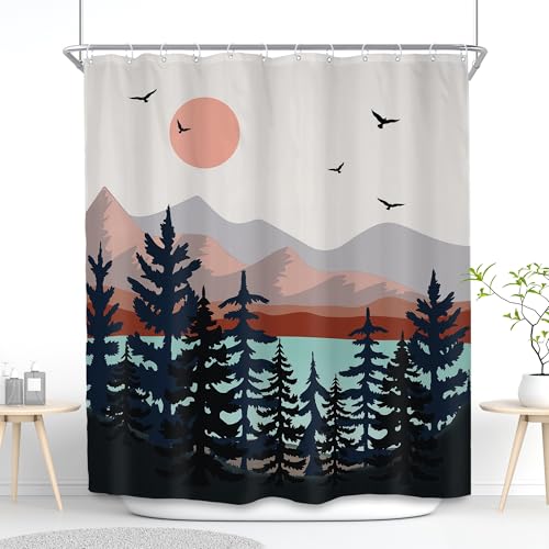 Abstract Mountain Shower Curtain, Boho Mid Century Modern Bath Decor 60x72