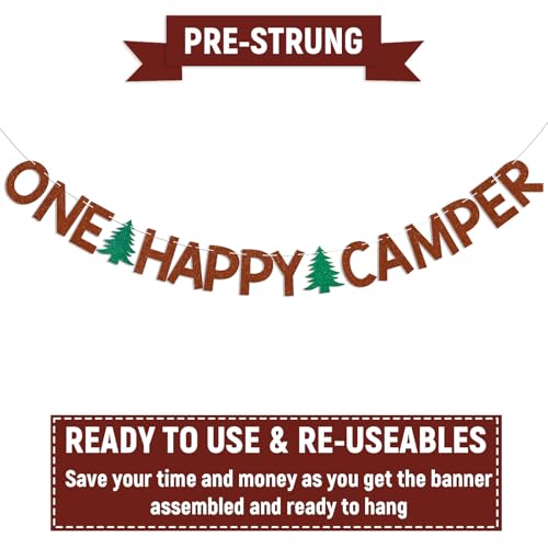 One Happy Camper Banner - Brown Glitter Forest Adventure Party Decoration
