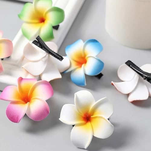 2Pcs Hawaiian Plumeria Flower Hair Clips White and Pink Foam Barrettes