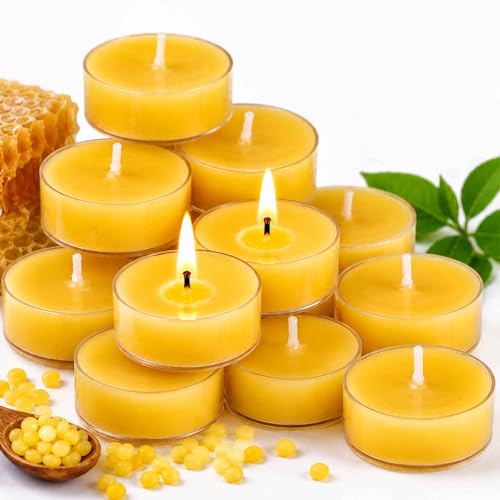 MAKALONE 12-Pack Pure Beeswax Tea Light Candles, 2-Hour Smokeless Burn