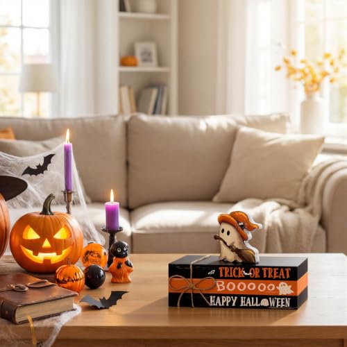 Halloween Wooden Stack Decor - Mini Faux Books with Ghost Design