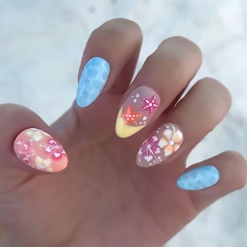 Short Oval Press on Nails Summer Beach Blue Sea Starfish Flowers Design