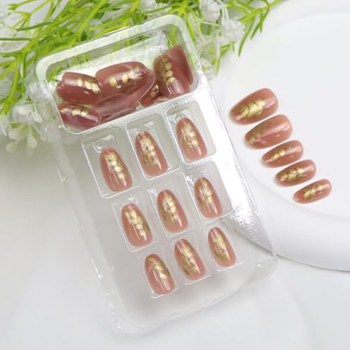 TUZANDW Cat Eye Press on Nails Short Oval Nude Pink 24Pcs