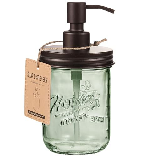 16oz Green Glass Mason Jar Soap Dispenser, Wide Mouth, Bronze