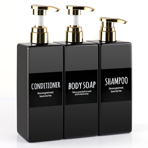 Deroanbott 16.9oz Soap Dispenser Set - 3 Black Plastic Bottles with Gold Pumps