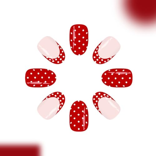 Red French Tip Press on Nails Short Oval Fake Nails with White Polka Dots