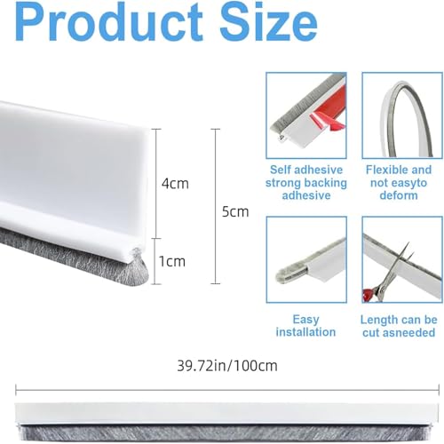 39-Inch White Door Draft Stopper with Brush - Adhesive Seal for Gaps