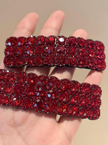 Red Rhinestone Hair Barrettes Snap Clips - 2Pcs Korean Hair Accessories