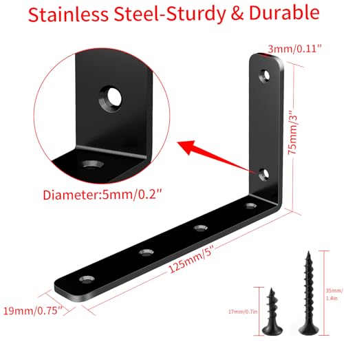 YUMORE 5x3 Inch Heavy Duty L Brackets - Stainless Steel Corner Brace, 4 Pack