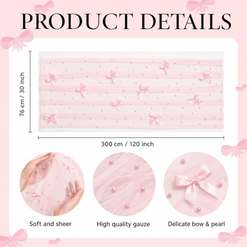 Pink Gauze Pearl Table Runner with Bow - 30x120 Inch for Weddings & Parties