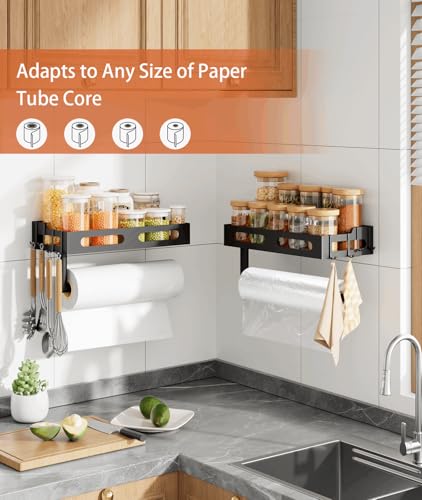 Wall Mount Paper Towel Holder with Shelf and Hooks - Matte Black