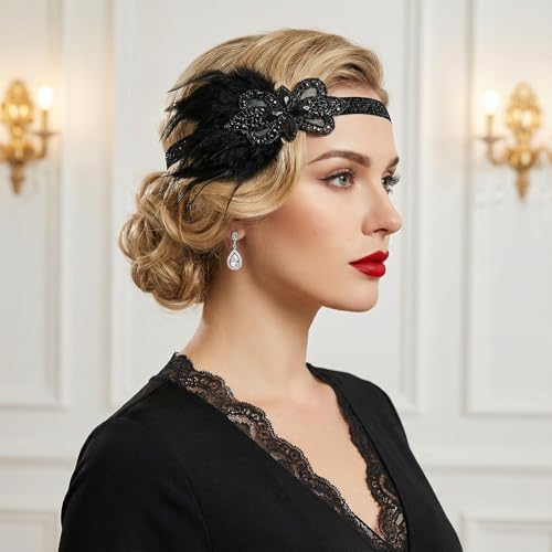 Yolev Black Flapper Headband with Feathers & Rhinestones for 1920s Party