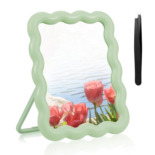 Green Wave-Shaped Adjustable Desk Mirror with Tweezer - Portable Makeup Mirror