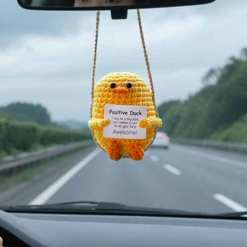Handmade Crochet Duck Car Mirror Ornament - Cute Auto Interior Decor