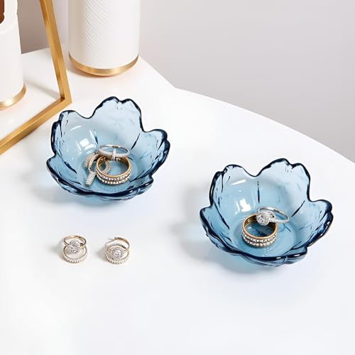 Crystal Blue Flower Ring Dish - Decorative Glass Jewelry Tray