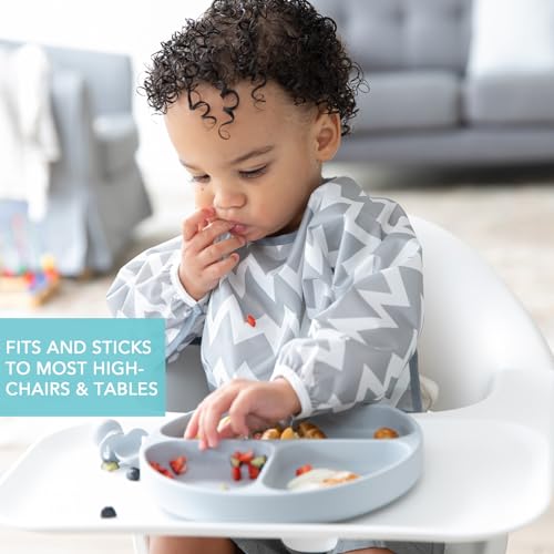 Bumkins Silicone Suction Plate - Divided Grip Dish for Toddlers (Gray/Sage)