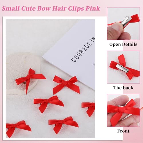 COMNICO 20PCS Mini Bow Hair Clips Satin Metal Barrettes Red