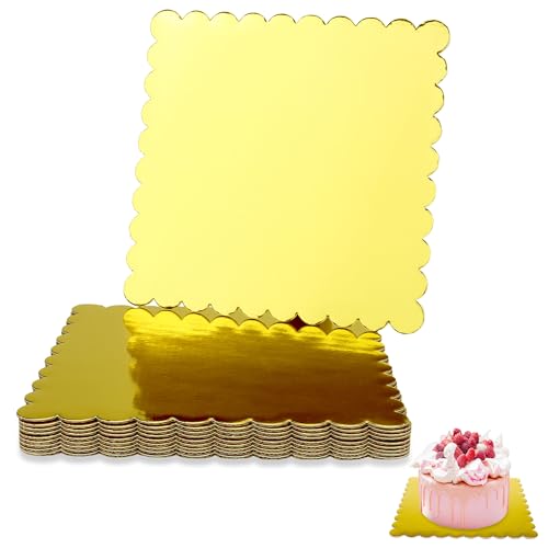Dulinkas 8 Inch Square Gold Cake Boards with Scalloped Edge - 10 Pack