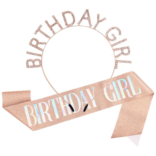CIEHER Birthday Girl Tiara Headband and Rose Gold Glitter Sash Set