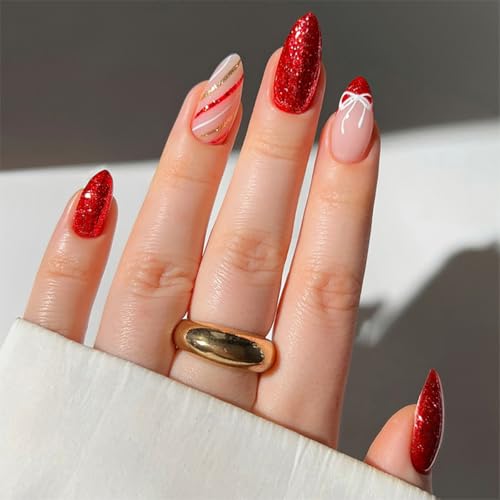 Christmas Press on Nails Medium Almond 3D Glitter Bow Fake Nails