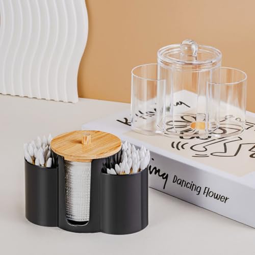 3-in-1 Q-Tip Holder for Bathroom – Black Vanity Organizer with Dustproof Lid