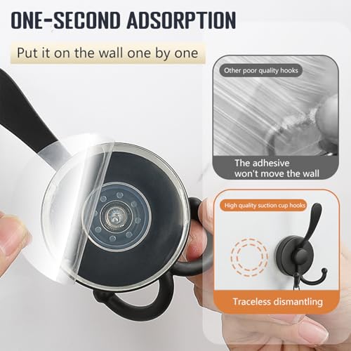 No-Drill Suction Cup Hooks - Heavy Duty Stainless Steel Towel Holder (2 Pcs, Matte Black)