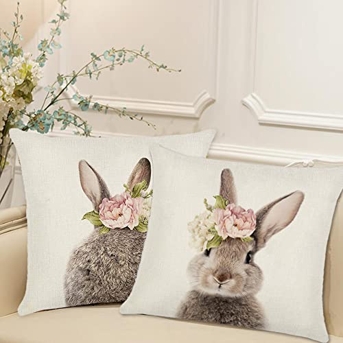 Easter Bunny Throw Pillow Covers 18x18 - Set of 2 Linen Decor