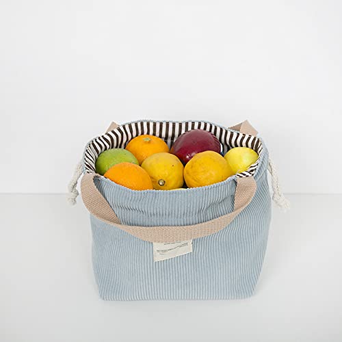 Green Portable Drawstring Corduroy Bento Lunch Bag - Insulated
