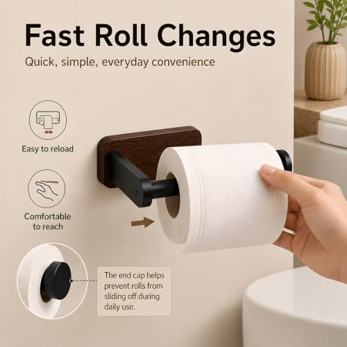 Wall-Mounted Wood and Matte Black Toilet Paper Holder for Bathroom